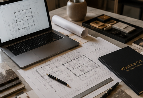 Architectural drawings and material samples prepared for a project